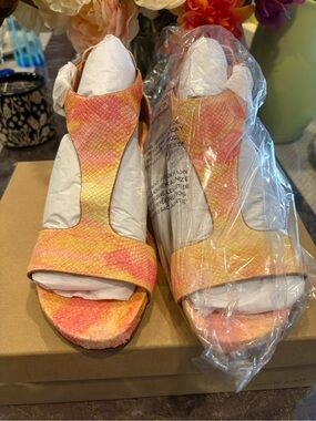 Gentle Souls by Kenneth Cole CALF HAIR Coral and Yellow Open-Toe Wedge Sandals